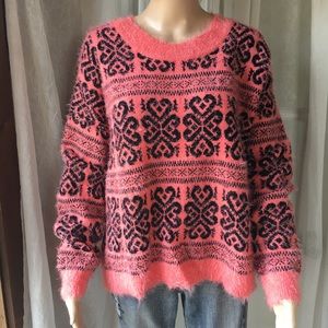 Ya LA Slouchy Fuzzy Sweater Boho Tribal Nordic Pattern